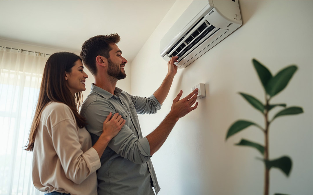 man and woman looking at an energy-efficient cooling system