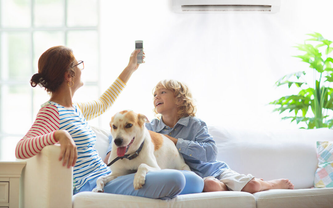 high-efficiency ac unit, family on couch